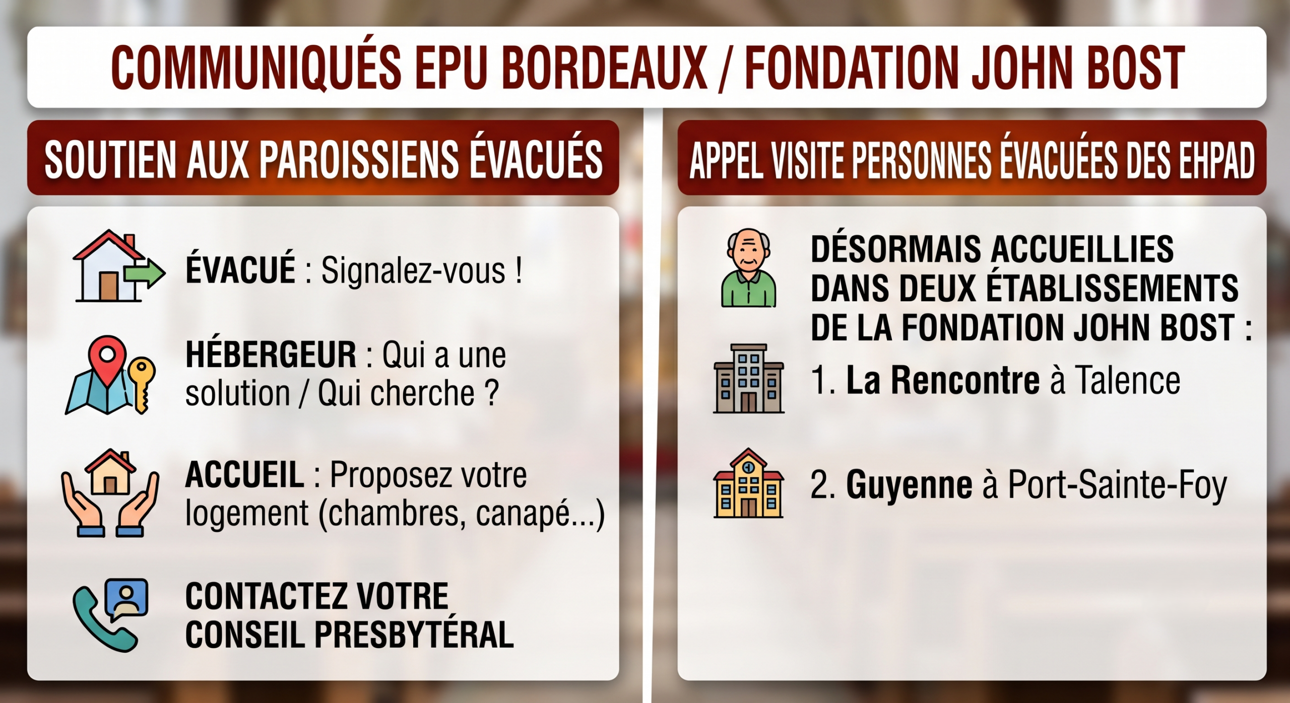 Communiqués de l&rsquo;EPU de Bordeaux et de la Fondation John Bost en raison des incendies.